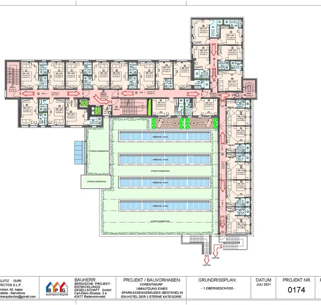 <p>170 plazas.</p>
<p>Radevormwald / NRW / Alemania.</p>
<p>Cambio de un edificio de banco a un hotel de 3 estrellas plus.</p>
<p>Proyecto de reforma integral del edificio incl. Interiorismo de todos sus habitaciones y espacios.</p>
<p>(Bergische Projektentwicklung GmbH)</p>