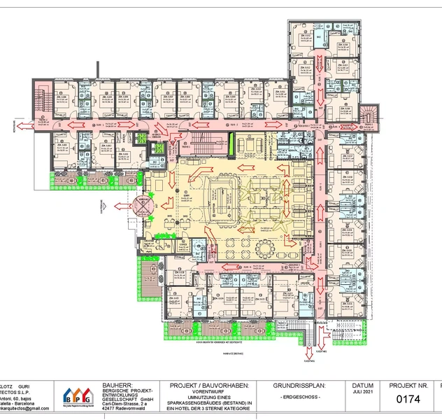 <p>170 plazas.</p>
<p>Radevormwald / NRW / Alemania.</p>
<p>Cambio de un edificio de banco a un hotel de 3 estrellas plus.</p>
<p>Proyecto de reforma integral del edificio incl. Interiorismo de todos sus habitaciones y espacios.</p>
<p>(Bergische Projektentwicklung GmbH)</p>